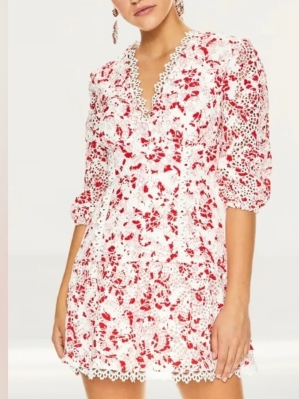 La Maison Talulah White and Red Floral Eyelet Lace Mini Dress.Size M